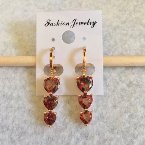 18k Gold Filled Red Ruby Triple Heart Earrings - Picture 4 of 4